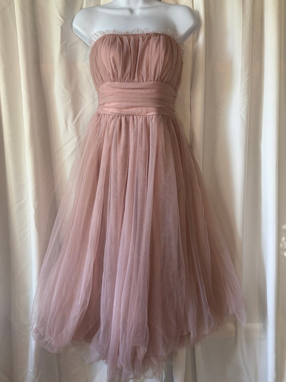 Dusty Rose Tulle Strapless Ruched Midi Dress Ballerina Coquette Prom Formal S